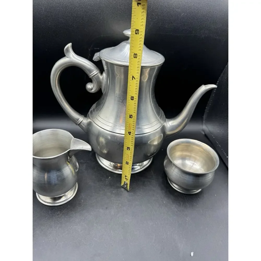 Vintage Woodbury Pewter 3 Piece Teapot Cream and Open Sugar Bowl USA EUC